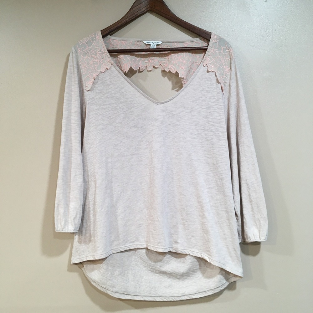 American Eagle Outfitters Light Pink Lace-Trim Long Sleeve Top